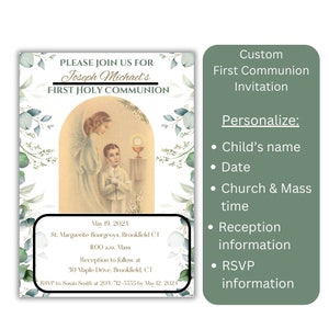 Puede incluir: Una invitaci&oacute;n para la Primera Comuni&oacute;n con una ilustraci&oacute;n central de un &aacute;ngel y un ni&ntilde;o dentro de un arco, enmarcada por hojas de eucalipto verdes. El texto incluye "PLEASE JOIN US FOR Joseph Michael's FIRST HOLY COMMUNION" y los detalles del evento.