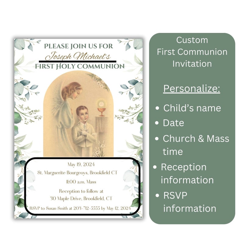 Puede incluir: Una invitaci&oacute;n para la Primera Comuni&oacute;n con una ilustraci&oacute;n central de un &aacute;ngel y un ni&ntilde;o dentro de un arco, enmarcada por hojas de eucalipto verdes. El texto incluye "PLEASE JOIN US FOR Joseph Michael's FIRST HOLY COMMUNION" y los detalles del evento.