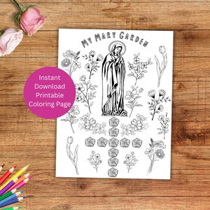 Mary Garden Coloring Page, Printable Marian Coloring, Catholic Kid&#39;s Activity, Flower Garden, Our Lady, Instant Download
