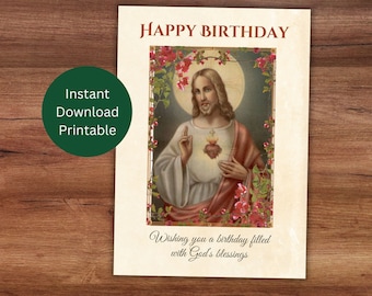 Printable Catholic Birthday Card, Sacred Heart of Jesus Greeting, Birthday Blessings, Catholic Greeting, Instant Download