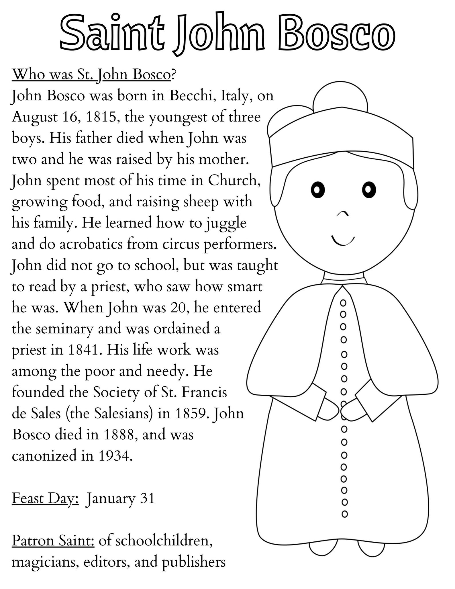 Printable St. John Bosco Coloring Page, Catholic Kid's Activity Instant ...