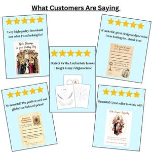 May include: A collage of five customer reviews featuring five-star ratings and text testimonials. The reviews display various religious-themed digital cards, including wedding blessings, spiritual bouquets for priests, and sympathy cards with floral imagery.