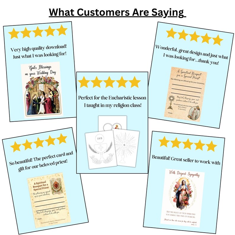 May include: A collage of five customer reviews featuring five-star ratings and text testimonials. The reviews display various religious-themed digital cards, including wedding blessings, spiritual bouquets for priests, and sympathy cards with floral imagery.