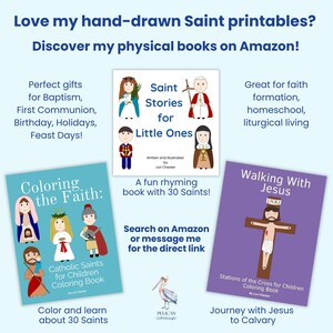 May include: Three books titled Saint Stories for Little Ones, Coloring the Faith: Catholic Saints for Children Coloring Book, and Walking With Jesus: Stations of the Cross for Children Coloring Book, featuring cartoon illustrations of religious figures.