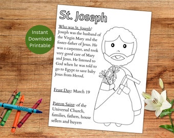 St. Joseph Coloring Page, Printable Saint Coloring Picture, Catholic Kid's Activity, March Saint, Instant Download