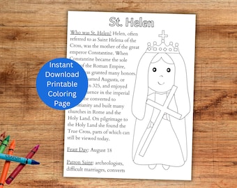 May include: A black and white printable coloring page featuring a line drawing of St. Helen wearing a crown and holding a cross. The text provides a biography of St. Helen, including her role as the mother of Emperor Constantine and her feast day.