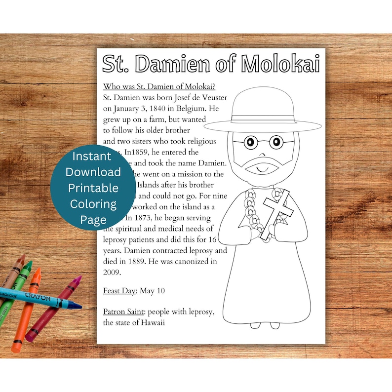 St. Damien of Molokai Coloring Page, Printable Saint Coloring, Catholic ...