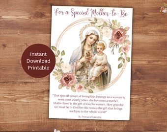 Catholic Baby Shower Card, Expectant Mother Card, Mary and Jesus Greeting, New Baby, Saint Quote, Instant Download