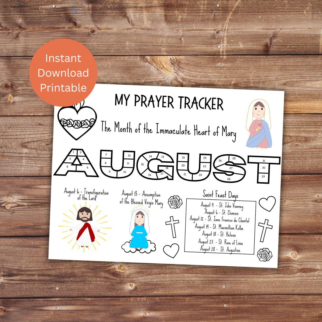 Catholic Kids August Prayer Tracker, Printable Prayer Chart, Daily ...