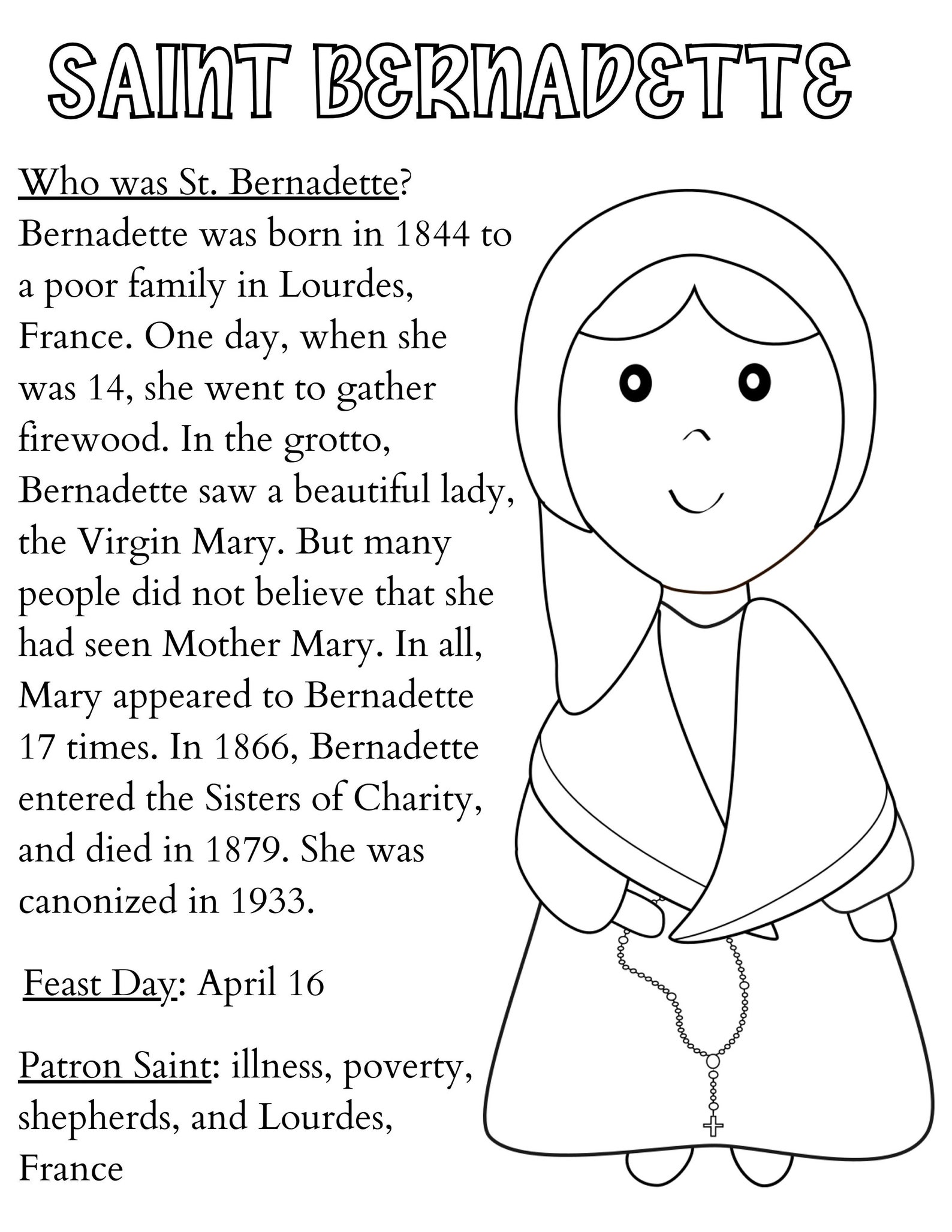 St. Bernadette Coloring Page, Printable Saint Coloring, Catholic Kid's ...
