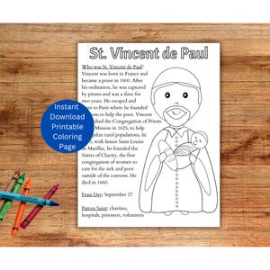 Página para colorear de San Vicente de Paúl, santo para colorear imprimible, actividad católica para niños, festividad de septiembre, descarga instantánea
