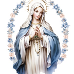 Puede incluir: Ilustraci&oacute;n de una mujer con velo blanco y capa azul, con aureola dorada y rosario. Est&aacute; rodeada por una corona floral de flores azules y rosas. La mujer tiene las manos juntas en oraci&oacute;n.