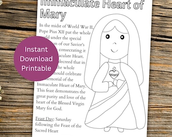 Immaculate Heart of Mary Coloring Page, Printable Mary Catholic Kid's Activity, Instant Download