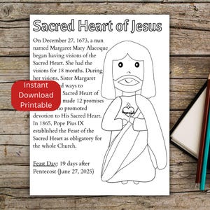 Página para colorir do Sagrado Coração de Jesus, Jesus para imprimir, atividade católica para crianças, festa junina, download instantâneo