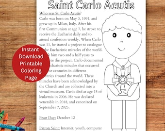 Saint Carlo Acutis Coloring Page, Printable Saint Coloring, Catholic Kid&#39;s Activity, Catholic Blessed, Instant Download