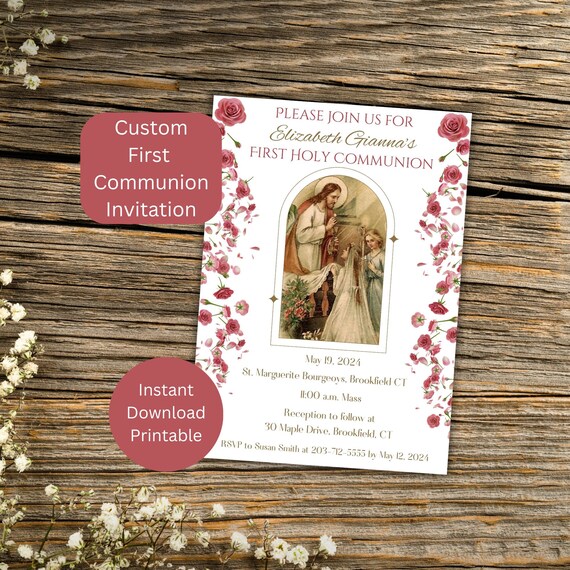 Custom First Communion Invitation for Girl, Catholic Personalized Printable Invite Instant Download or Mobile