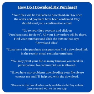 Pode incluir: Texto azul e branco sobre um fundo azul claro com instru&ccedil;&otilde;es sobre como baixar uma compra do Etsy. O texto inclui as frases "Como fa&ccedil;o para baixar minha compra?" e "Baixar arquivos".