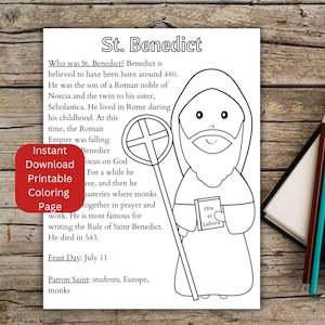 St. Benedict Coloring Page, Printable Saint Coloring, Catholic Kid&#39;s Activity, July Saint, Instant Download