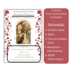 May include: A custom First Holy Communion invitation with a floral border and an image of Jesus. The invitation includes the child's name, date, church, mass time, reception information, and RSVP details. The invitation is personalized.