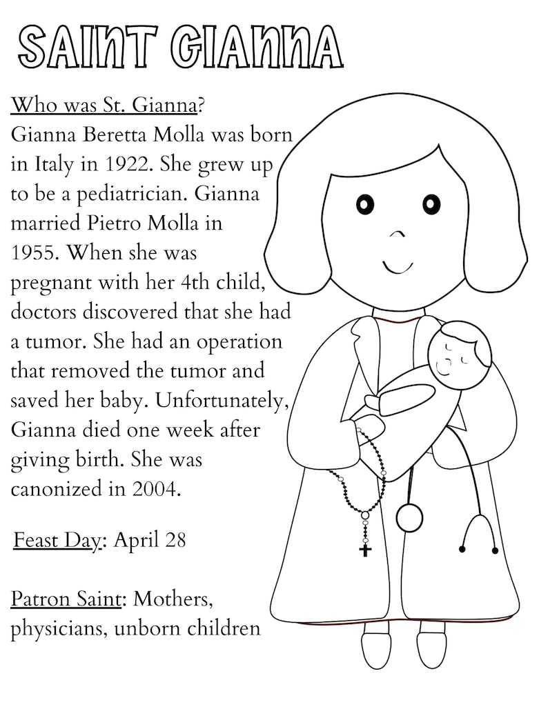 St. Gianna Coloring Page, Printable Saint Coloring, Catholic Kid’s