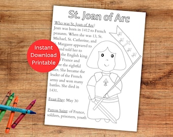 Ausmalbild der Heiligen Johanna von Orléans zum Ausdrucken, katholische Kinderaktivität, Sofort-Download