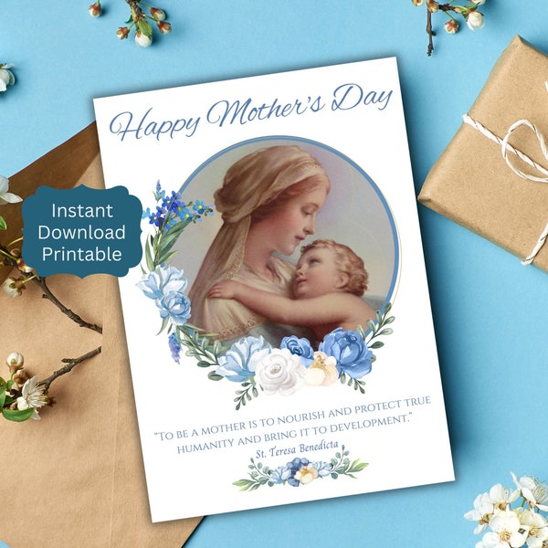 Catholic Mother's Day Printable Card, Happy Mother's Day, Marian Gift for Mom, Saint Quote on Motherhood, Instant Download