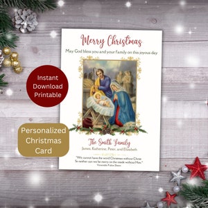 Tarjeta de Navidad católica personalizada, saludos navideños imprimibles, tarjeta de Navidad personalizada con nombre de familia, descarga instantánea