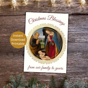 Cartolina di Natale stampabile cattolica, benedizioni natalizie, cartolina della Sacra Famiglia, Natale cattolico, auguri di Natività, download istantaneo