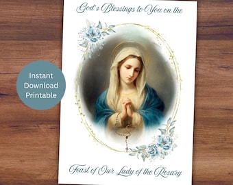 Our Lady of the Rosary Printable Card, Virgin Mary Catholic Greeting, Instant Download