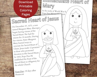 Desenhos para colorir do Sagrado Coração e do Imaculado Coração, atividade católica imprimível sobre Jesus e Maria, download instantâneo