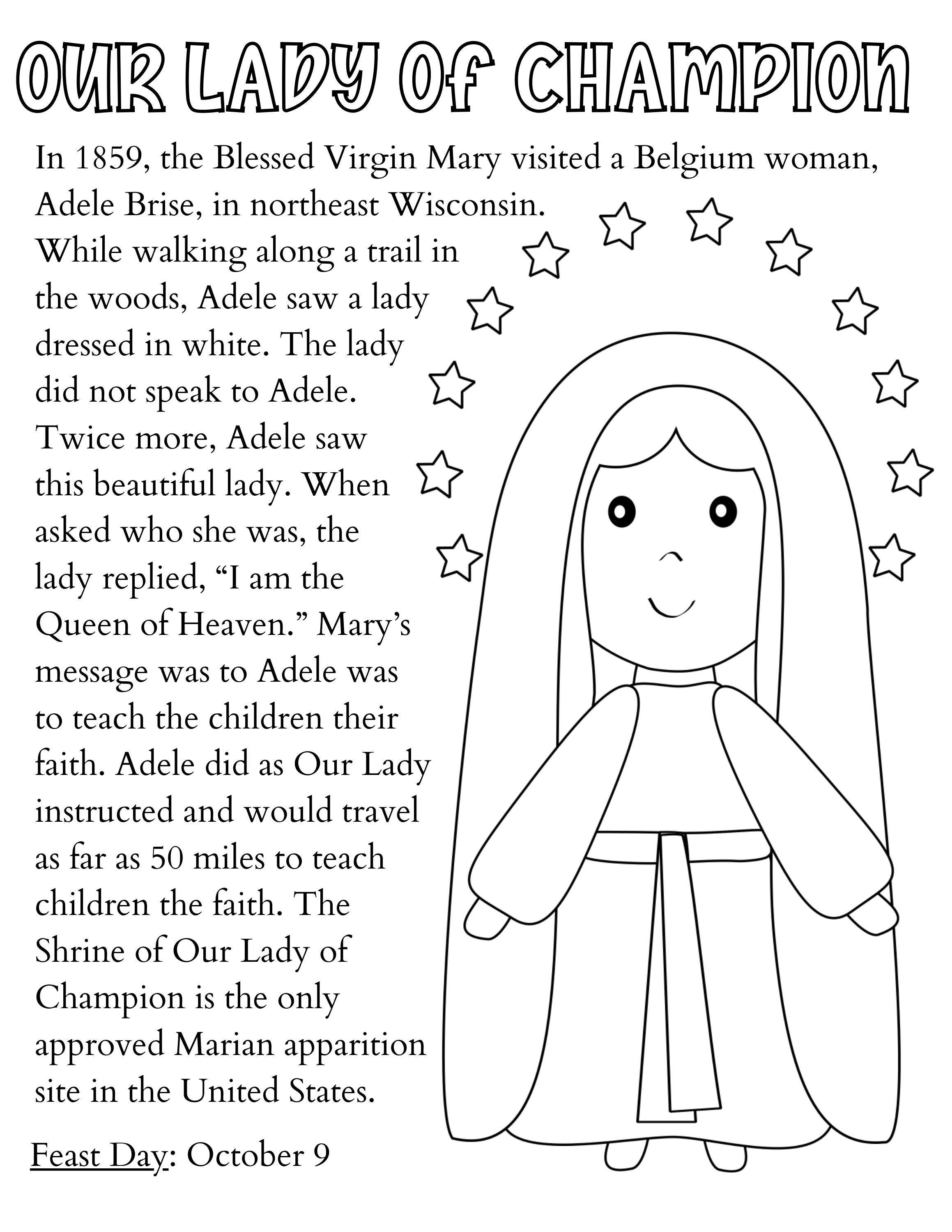 Our Lady of Champion Printable Coloring Page, Catholic Kid's Activity ...