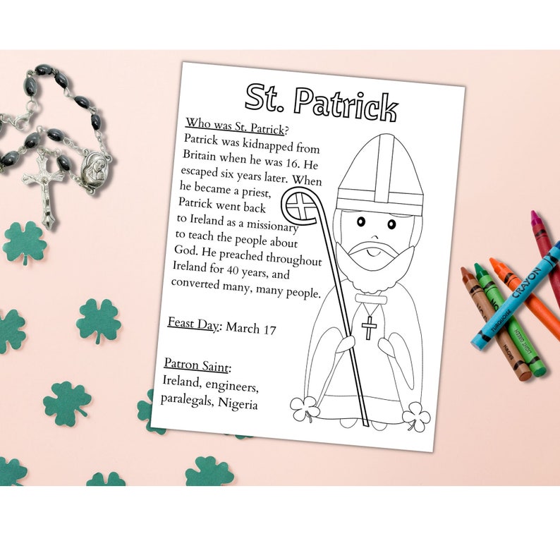 St. Patrick Printable Coloring Page, Catholic Saint Kid's Activity Instant Download image 2