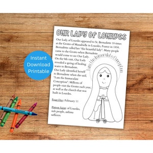 Our Lady of Lourdes Coloring Page, Printable Saint Coloring, Catholic Kid&#39;s Activity, February Saint, Marian Coloring, Instant Download