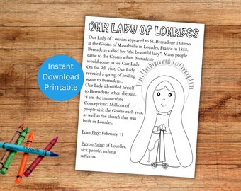Our Lady of Lourdes Printable Coloring Page, Catholic Marian Kid's Activity, Instant Download