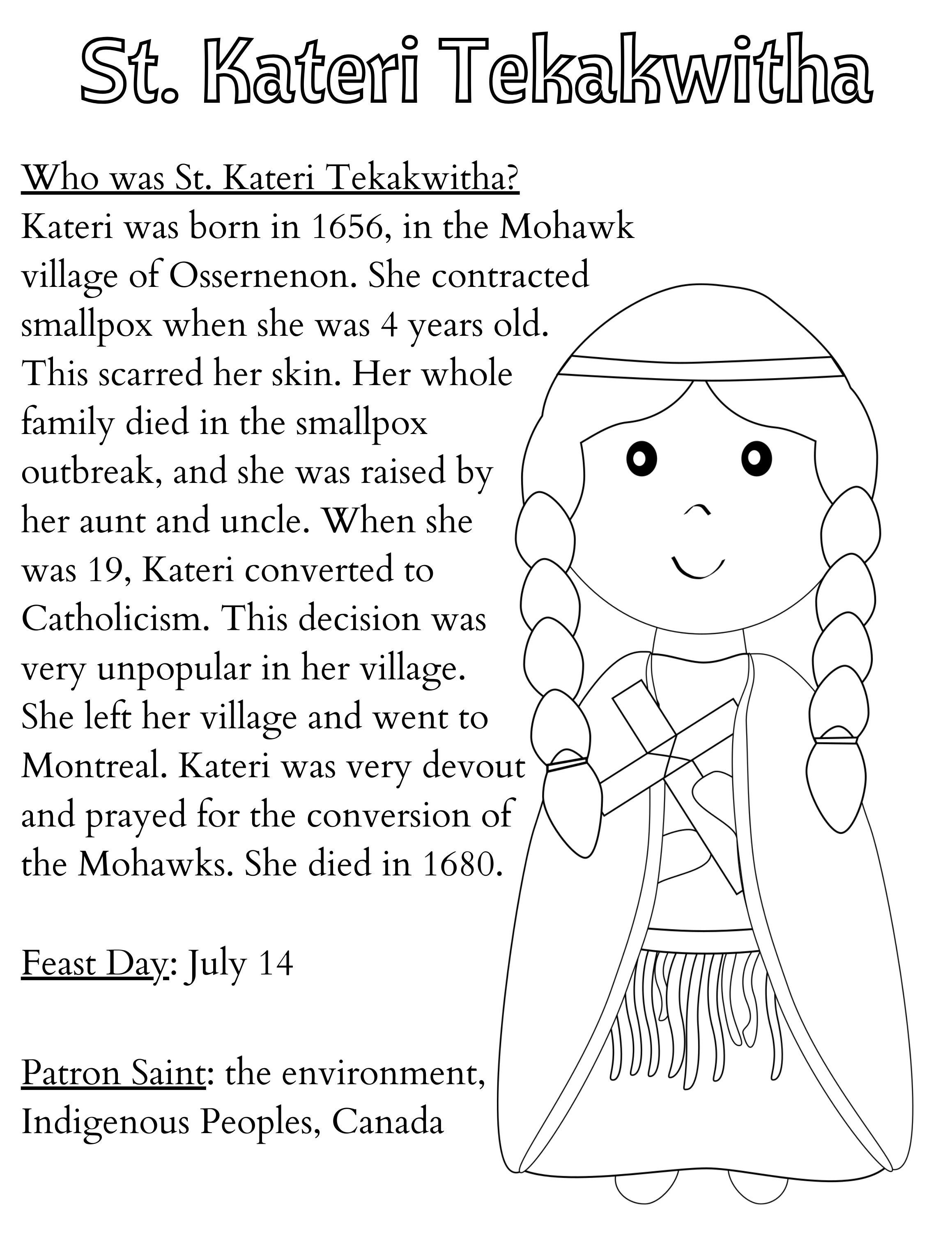 St. Kateri Tekakwitha Coloring Page, Printable Saint Coloring, Catholic