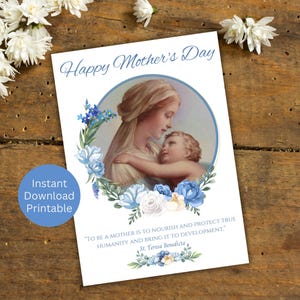 Katholieke Moederdag afdrukbare kaart, Happy Mother's Day, Marian cadeau voor moeder, Saint Quote over moederschap, Instant Download