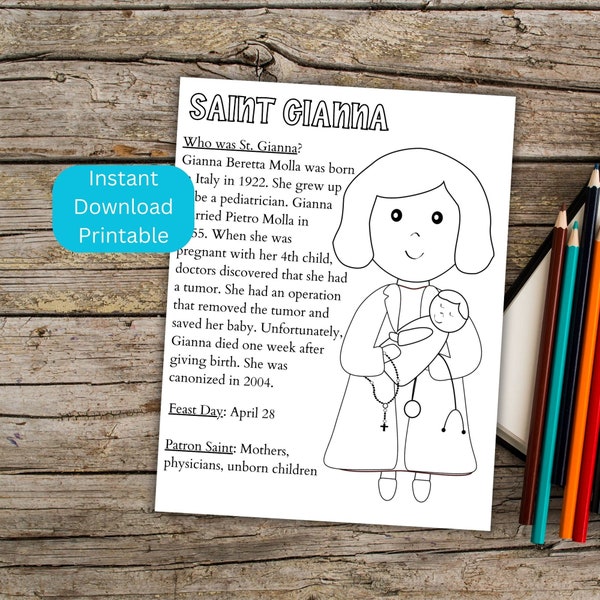 St. Gianna Coloring Page, Printable Saint Coloring, Catholic Kid's Activity, April Saint, Gianna Beretta Molla, Instant Download