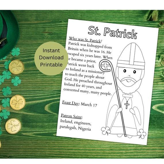 St. Patrick Printable Coloring Page, Catholic Saint Kid's Activity Instant Download