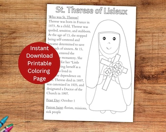 Printable St. Therese of Lisieux Coloring Page, Catholic Kid's Saint Activity Instant Download