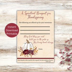 Tarjeta de ramo espiritual de Acción de Gracias, Tarjeta de oración católica imprimible, Regalo espiritual, Oraciones de Acción de Gracias, Descarga instantánea