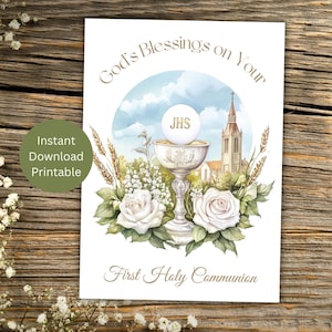 Cartão de Primeira Comunhão Católica, Saudação de Sacramento Católica para Imprimir, Bênçãos de Comunhão para Menino ou Menina, Download Instantâneo