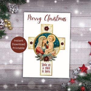 Tarjeta de Navidad Católica Imprimible, Saludo de Natividad, María y el Niño Jesús, Feliz Navidad, Natividad del Señor, Descarga Instantánea
