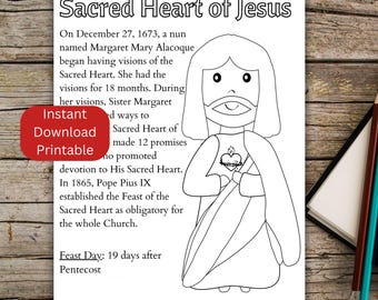 Desenho para colorir do Sagrado Coração de Jesus, atividade católica infantil para imprimir, download instantâneo.