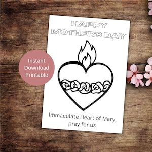 Katholieke Moederdag afdrukbare kaart, kaart Onbevlekt hart van Maria, Happy Mother's Day, cadeau voor moeder, kleurkaart, Instant Download