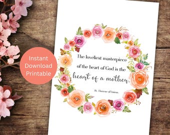 Printable Catholic Mother's Day Card, Floral Saint Quote Instant Download