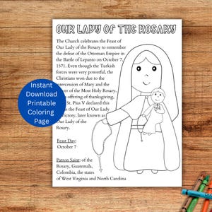 Our Lady of the Rosary Coloring Page, Printable Saint Coloring, Catholic Kid&#39;s Activity, October Saint, Marian Coloring, Instant Download