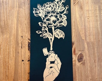 Flor de Fuego, Hand Printed Lino Print -Gold