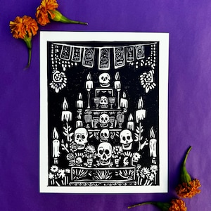 La Ofrenda, Lino Print, Hecho a mano, Día de Los Muertos