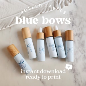 Afdrukbaar blauw coquette-lint 10 ml roletiket voor flessen, 2 x 2 voor mengsels van etherische oliën - digitale download