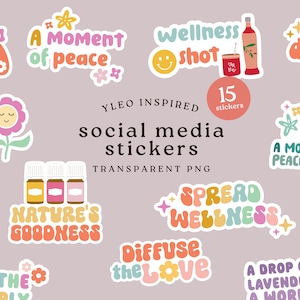 Może przedstawiać: Zestaw 15 kolorowych naklejek do mediów społecznościowych z frazami takimi jak "Chwila spokoju", "Rozprzestrzenianie dobrego samopoczucia" i "Rozprzestrzenianie miłości". Naklejki są zaprojektowane w retro, groovy estetyce i zawierają ilustracje kwiatów, butelek z olejkami eterycznymi i innych obrazów związanych z dobrem.